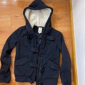 NWOT Navy Blue Preppy Pea Coat Toggle Buttons Jacket with Faux Fur Hood